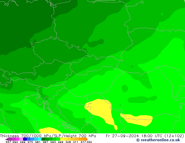 Dikte700-1000 hPa ARPEGE vr 27.09.2024 18 UTC