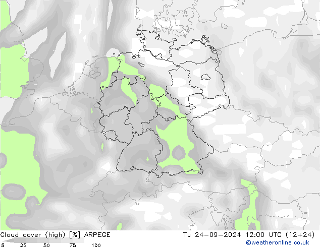 Cloud cover (high) ARPEGE Tu 24.09.2024 12 UTC