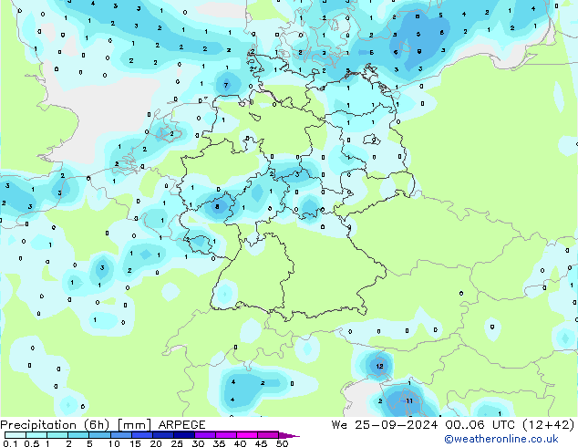 Precipitation (6h) ARPEGE St 25.09.2024 06 UTC