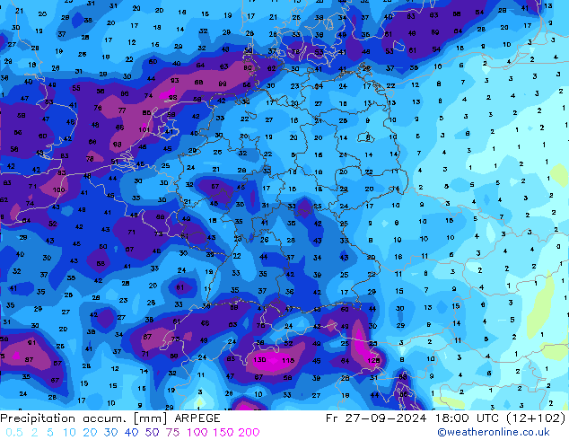 Precipitation accum. ARPEGE Fr 27.09.2024 18 UTC