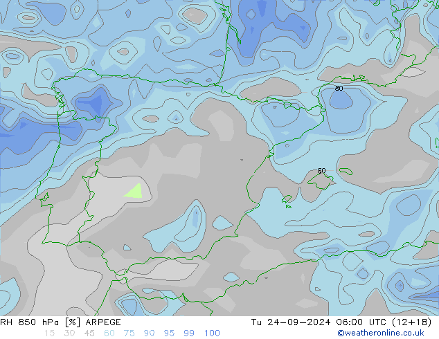 Humedad rel. 850hPa ARPEGE mar 24.09.2024 06 UTC