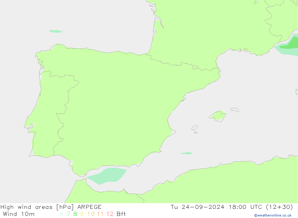 High wind areas ARPEGE вт 24.09.2024 18 UTC