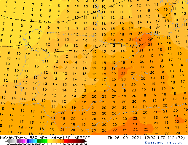 Height/Temp. 850 hPa ARPEGE czw. 26.09.2024 12 UTC