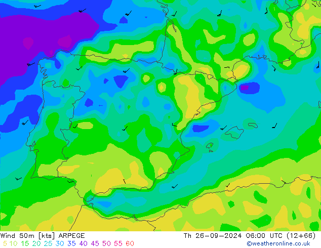 Vento 50 m ARPEGE Qui 26.09.2024 06 UTC