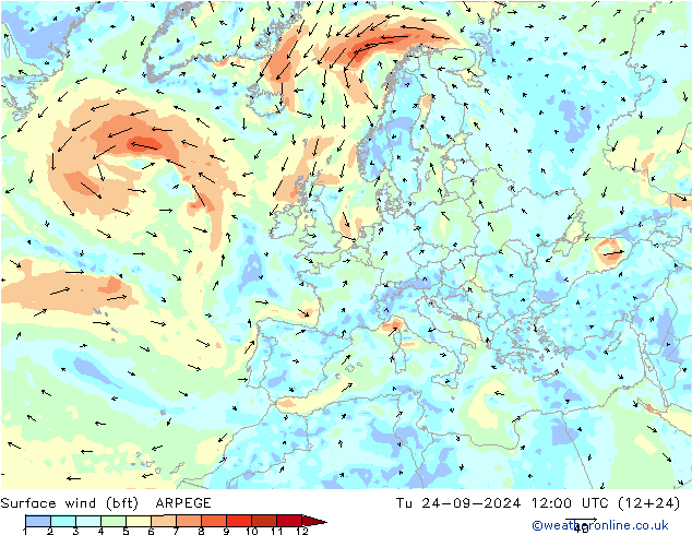 Surface wind (bft) ARPEGE Tu 24.09.2024 12 UTC