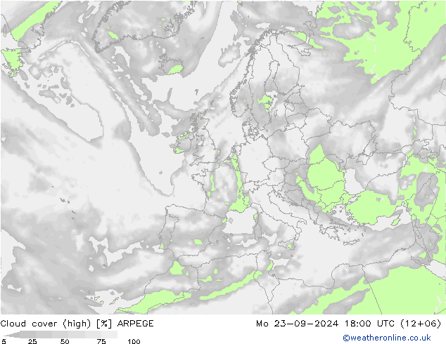 Cloud cover (high) ARPEGE Mo 23.09.2024 18 UTC