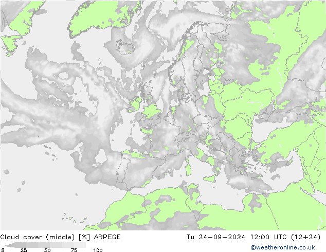 zachmurzenie (środk.) ARPEGE wto. 24.09.2024 12 UTC