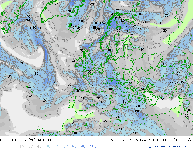 RH 700 hPa ARPEGE Mo 23.09.2024 18 UTC