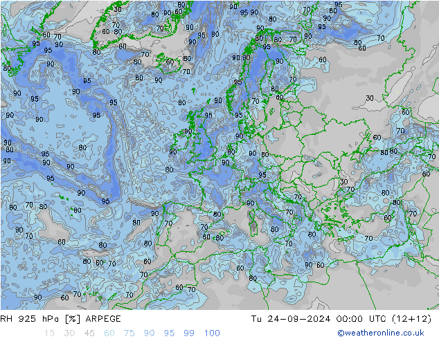 RH 925 hPa ARPEGE Ter 24.09.2024 00 UTC