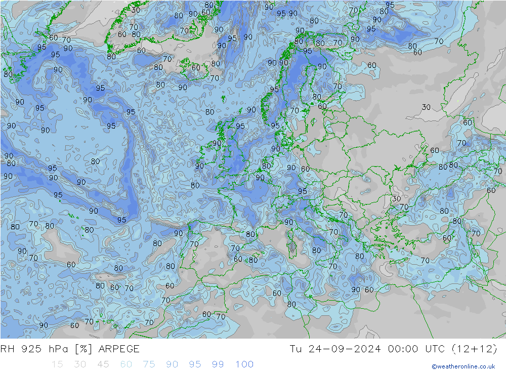 RH 925 hPa ARPEGE Tu 24.09.2024 00 UTC