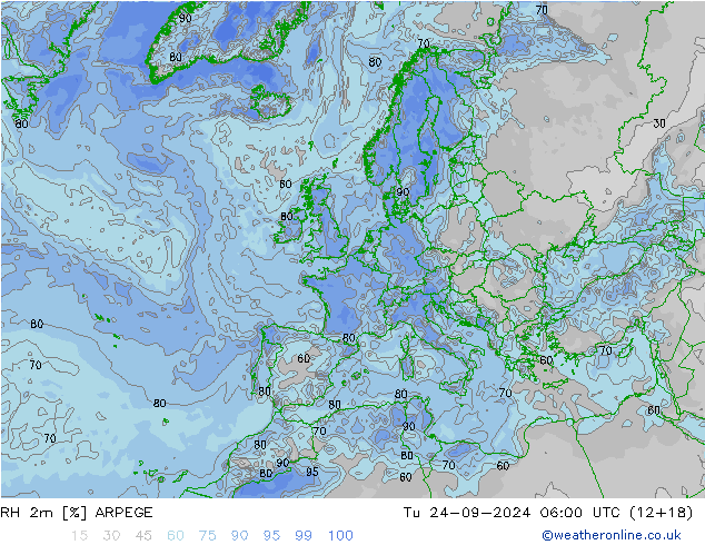 RH 2m ARPEGE wto. 24.09.2024 06 UTC