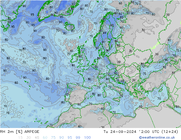 RH 2m ARPEGE wto. 24.09.2024 12 UTC