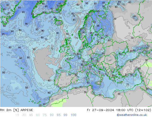 Humidité rel. 2m ARPEGE ven 27.09.2024 18 UTC