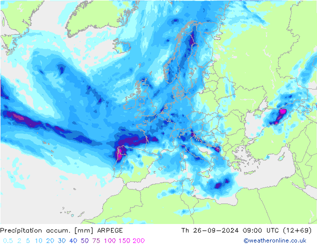 Toplam Yağış ARPEGE Per 26.09.2024 09 UTC