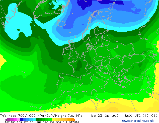 Thck 700-1000 гПа ARPEGE пн 23.09.2024 18 UTC