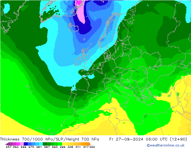 Thck 700-1000 hPa ARPEGE Fr 27.09.2024 06 UTC