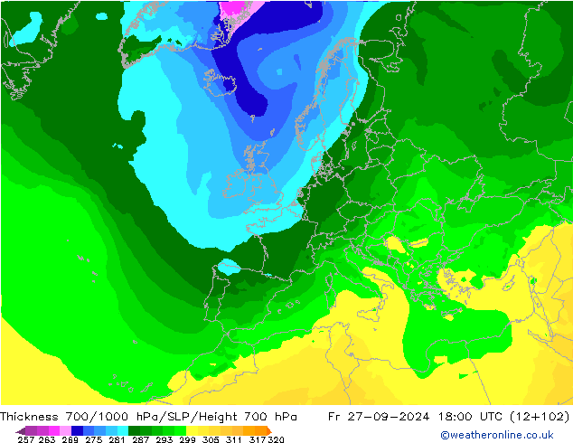 Schichtdicke 700-1000 hPa ARPEGE Fr 27.09.2024 18 UTC