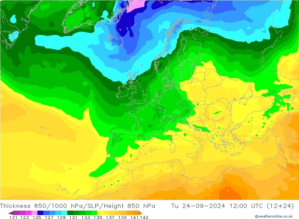 Thck 850-1000 hPa ARPEGE Ter 24.09.2024 12 UTC