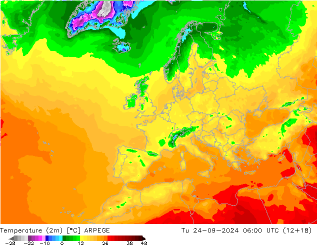 mapa temperatury (2m) ARPEGE wto. 24.09.2024 06 UTC