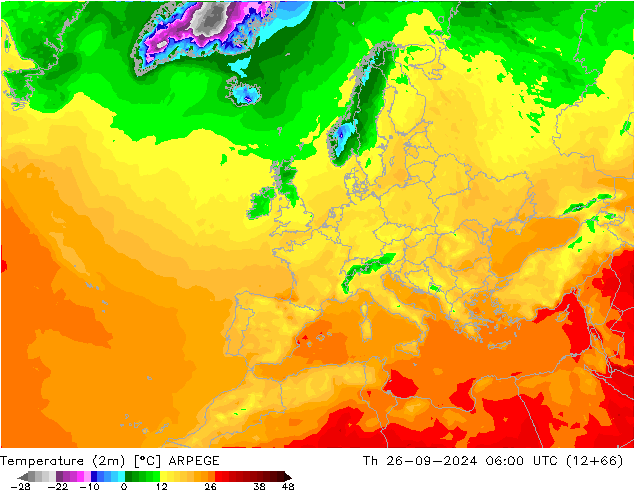 Temperatura (2m) ARPEGE jue 26.09.2024 06 UTC