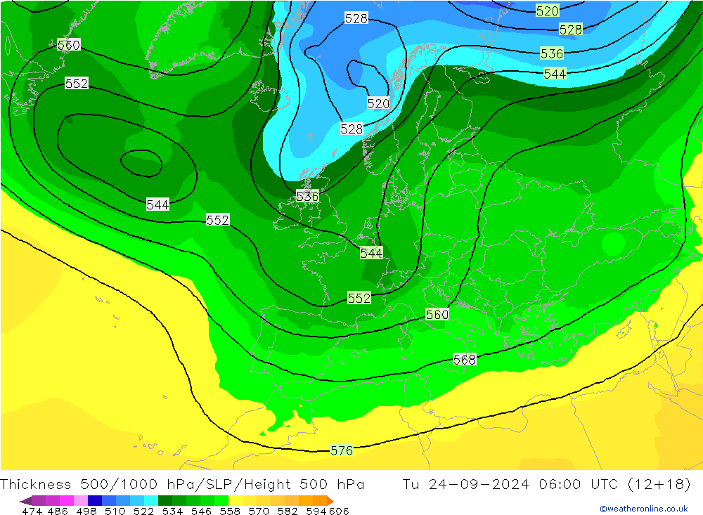 Espesor 500-1000 hPa ARPEGE mar 24.09.2024 06 UTC