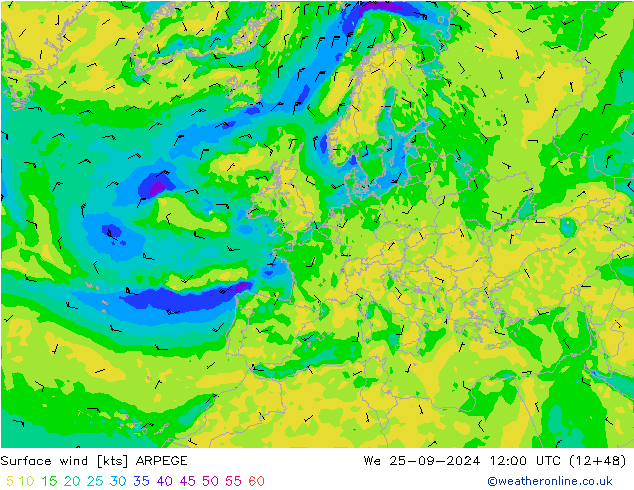 wiatr 10 m ARPEGE śro. 25.09.2024 12 UTC