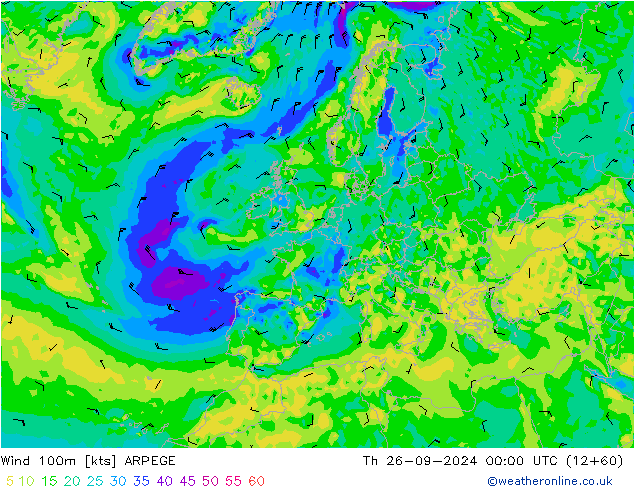 Vento 100m ARPEGE Qui 26.09.2024 00 UTC