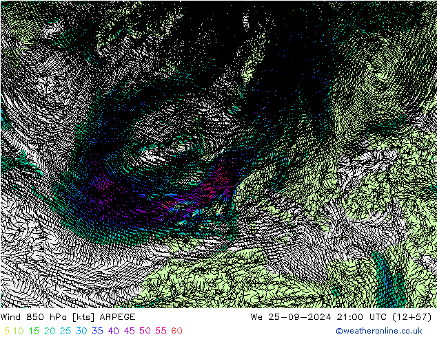 Wind 850 hPa ARPEGE We 25.09.2024 21 UTC