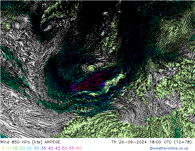 Wind 850 hPa ARPEGE Čt 26.09.2024 18 UTC