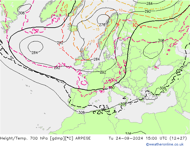 Yükseklik/Sıc. 700 hPa ARPEGE Sa 24.09.2024 15 UTC