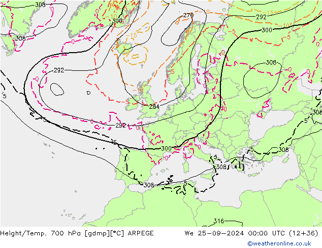 Yükseklik/Sıc. 700 hPa ARPEGE Çar 25.09.2024 00 UTC