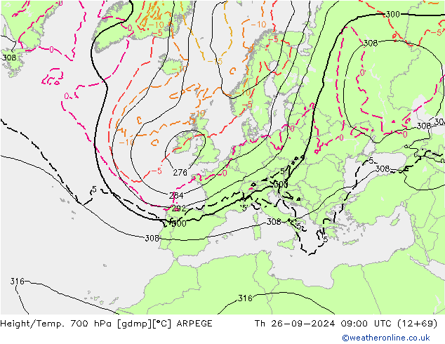 Hoogte/Temp. 700 hPa ARPEGE do 26.09.2024 09 UTC