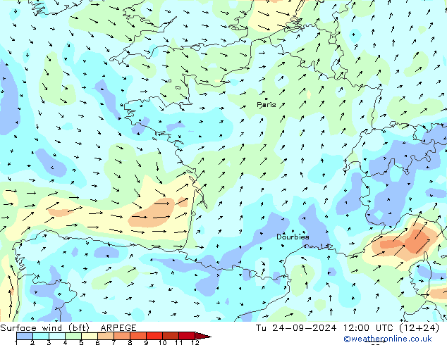 Bodenwind (bft) ARPEGE Di 24.09.2024 12 UTC