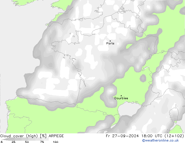 Nuages (élevé) ARPEGE ven 27.09.2024 18 UTC