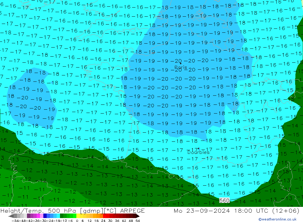 Height/Temp. 500 hPa ARPEGE Mo 23.09.2024 18 UTC