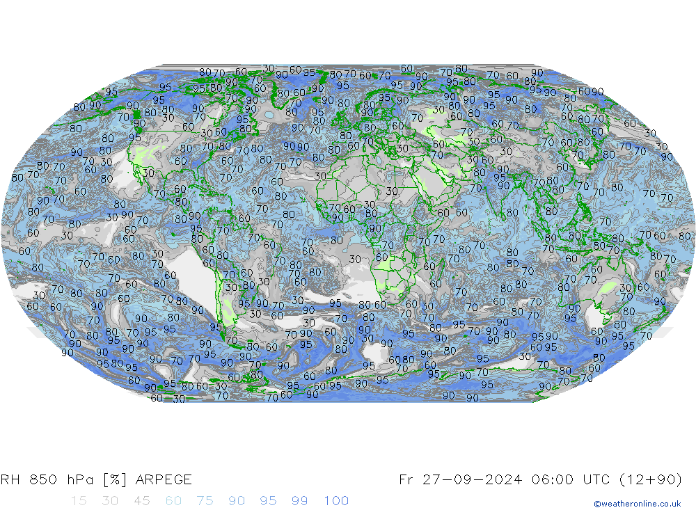 RH 850 hPa ARPEGE Fr 27.09.2024 06 UTC