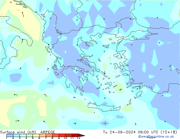 Surface wind (bft) ARPEGE Tu 24.09.2024 06 UTC