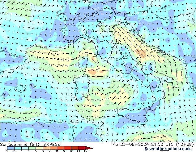 ве�Bе�@ 10 m (bft) ARPEGE пн 23.09.2024 21 UTC