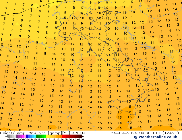 Height/Temp. 850 hPa ARPEGE mar 24.09.2024 09 UTC