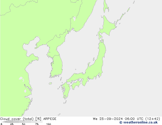 Cloud cover (total) ARPEGE We 25.09.2024 06 UTC