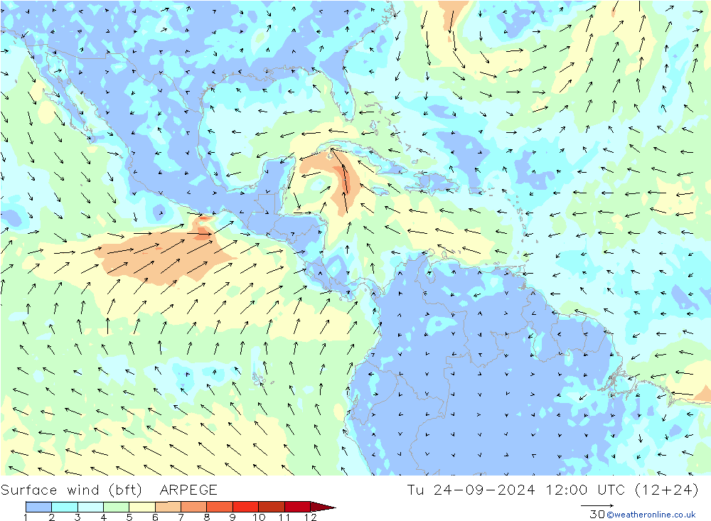 Vento 10 m (bft) ARPEGE Ter 24.09.2024 12 UTC