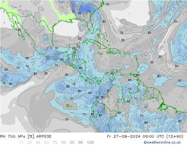 RH 700 hPa ARPEGE Fr 27.09.2024 06 UTC