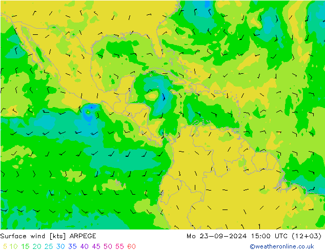 Viento 10 m ARPEGE lun 23.09.2024 15 UTC