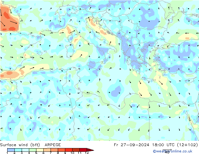 Surface wind (bft) ARPEGE Fr 27.09.2024 18 UTC