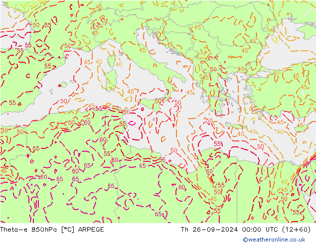 Theta-e 850hPa ARPEGE gio 26.09.2024 00 UTC