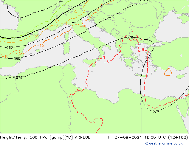 Geop./Temp. 500 hPa ARPEGE vie 27.09.2024 18 UTC