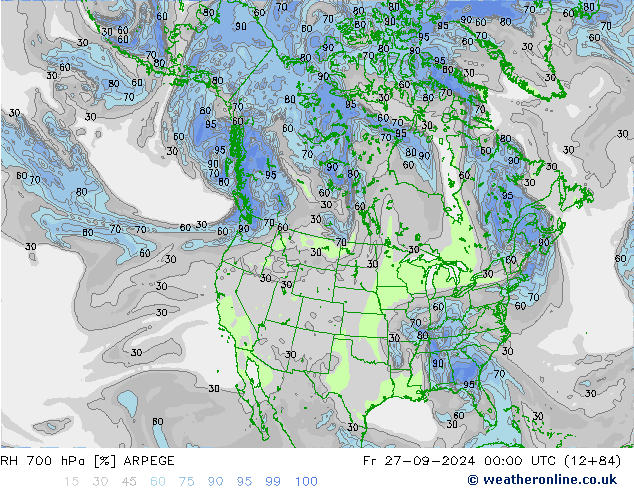 RH 700 hPa ARPEGE Sex 27.09.2024 00 UTC