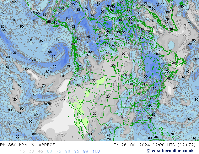 RH 850 hPa ARPEGE czw. 26.09.2024 12 UTC