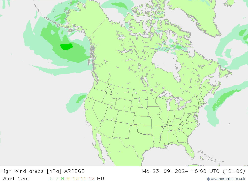 High wind areas ARPEGE Mo 23.09.2024 18 UTC