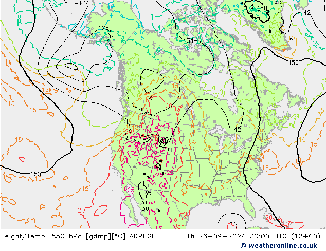 Height/Temp. 850 hPa ARPEGE Th 26.09.2024 00 UTC